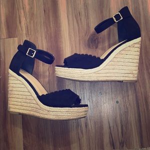 Black espadrille ankle strap wedges
